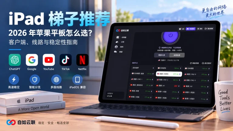 iPad 梯子推荐特色图，展示 2026 年苹果平板客户端、日本美国香港线路、智能分流与稳定性使用指南