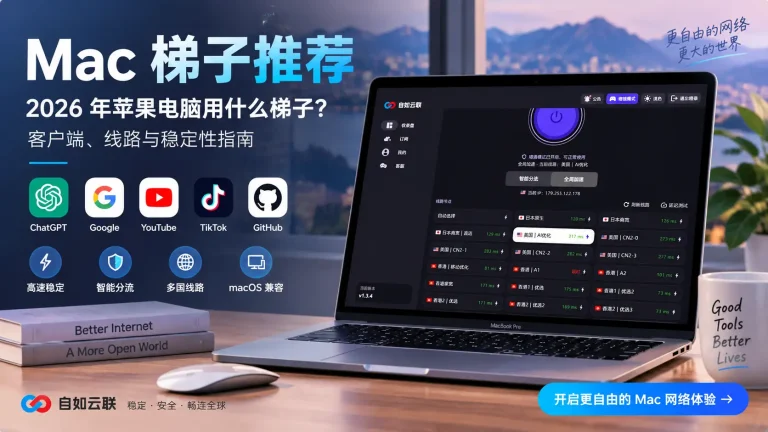 Mac 梯子推荐特色图，展示 2026 年苹果电脑客户端、香港日本美国线路、智能分流与稳定性使用指南