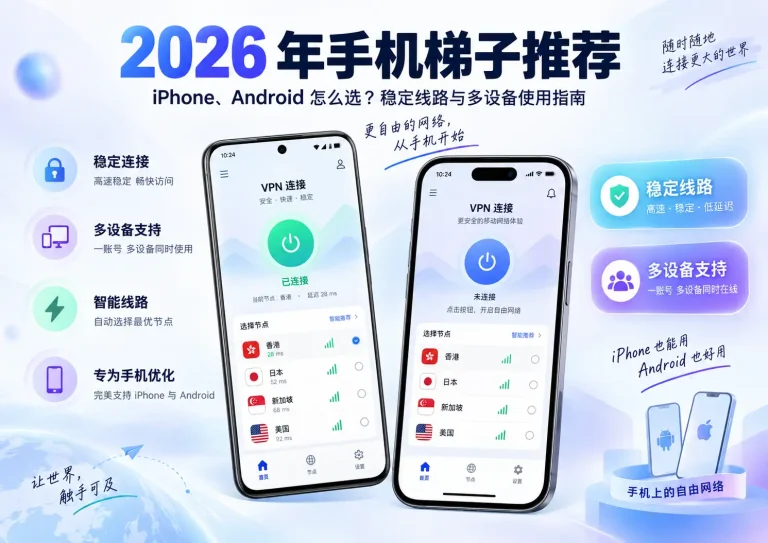 2026 年手机梯子推荐特色图，展示 iPhone、Android 多设备支持及香港、日本、新加坡、美国稳定线路选择
