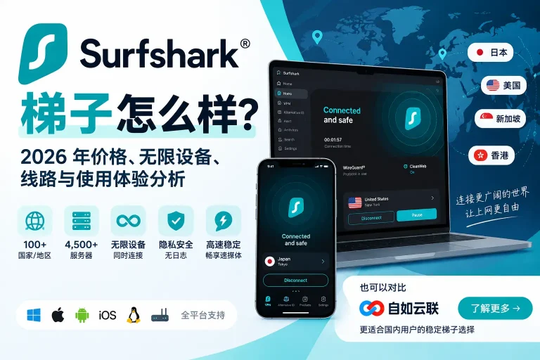 Surfshark 梯子怎么样？2026 年价格、无限设备、全球线路与使用体验分析特色图，并对比自如云联梯子选择