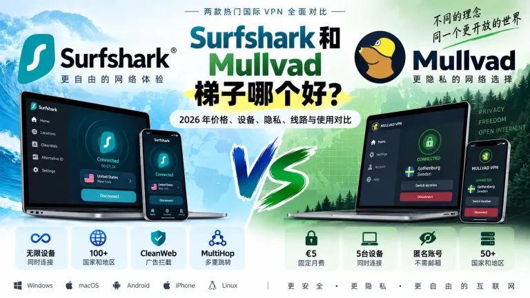 Surfshark 和 Mullvad 梯子哪个好？2026 年价格、设备数量、隐私功能、服务器线路与使用体验对比特色图