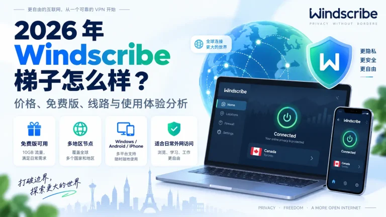 Windscribe 梯子怎么样？2026 年免费版 10GB 流量、价格、多地区节点、Windows/Android/iPhone 客户端与使用体验分析特色图