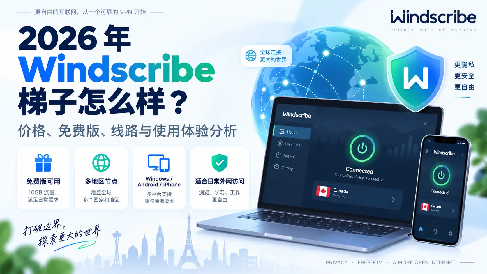 Windscribe 梯子怎么样？2026 年免费版 10GB 流量、价格、多地区节点、Windows/Android/iPhone 客户端与使用体验分析特色图