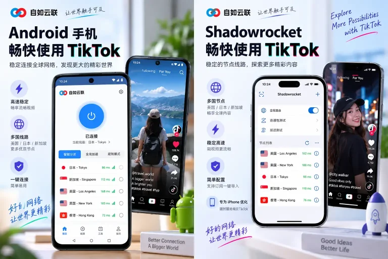 自如云联 Android 客户端与 Shadowrocket TikTok 使用配图，展示美国、日本、新加坡等线路用于稳定访问 TikTok