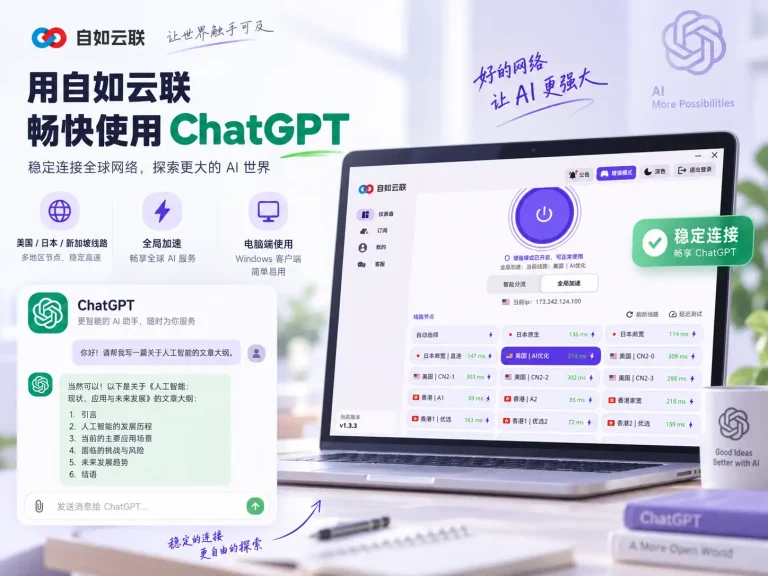 自如云联与 ChatGPT 电脑端宣传配图，展示 Windows 客户端连接美国、日本、新加坡线路后稳定使用 ChatGPT